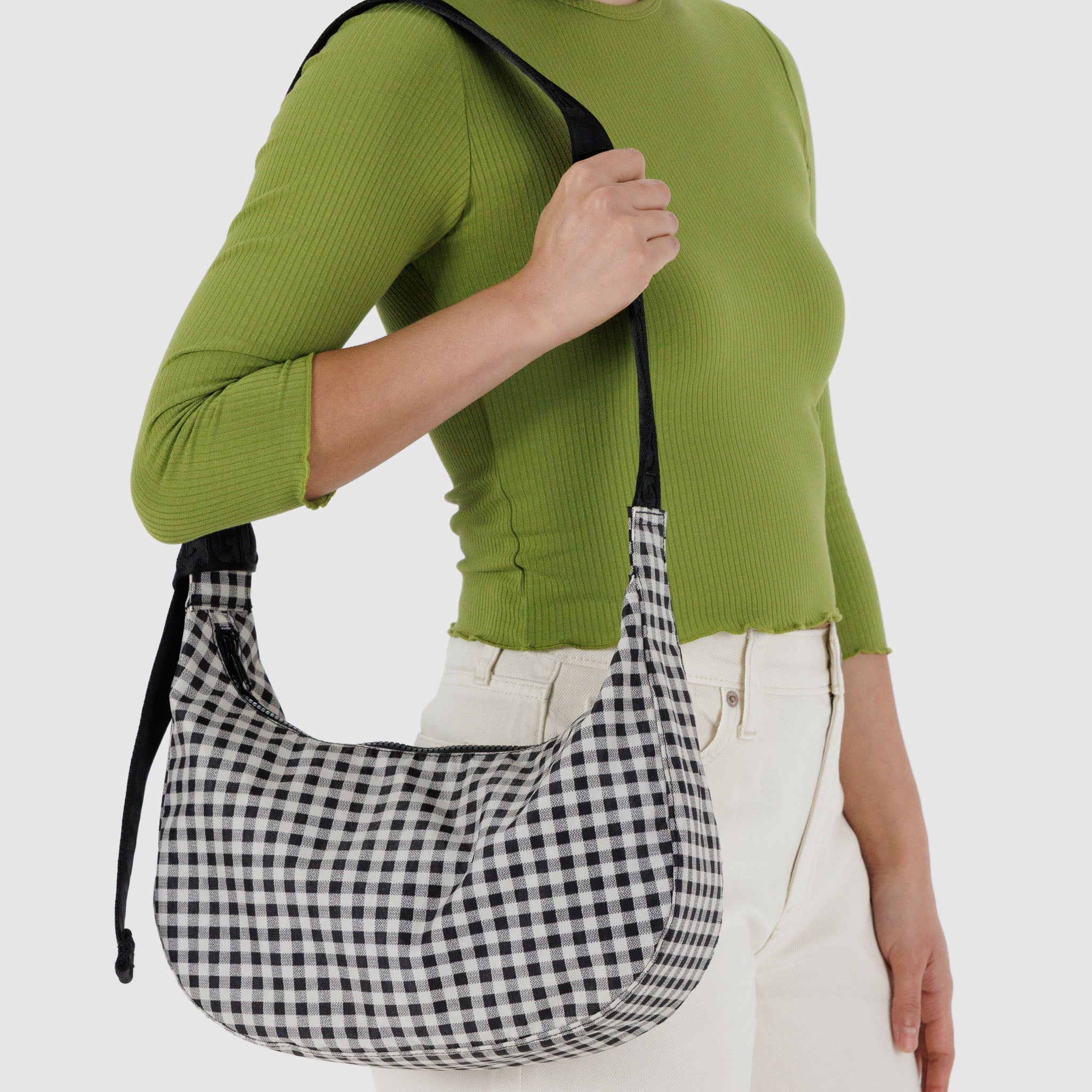 BAGGU Medium Crescent Nylon Bag (Black & White Gingham)