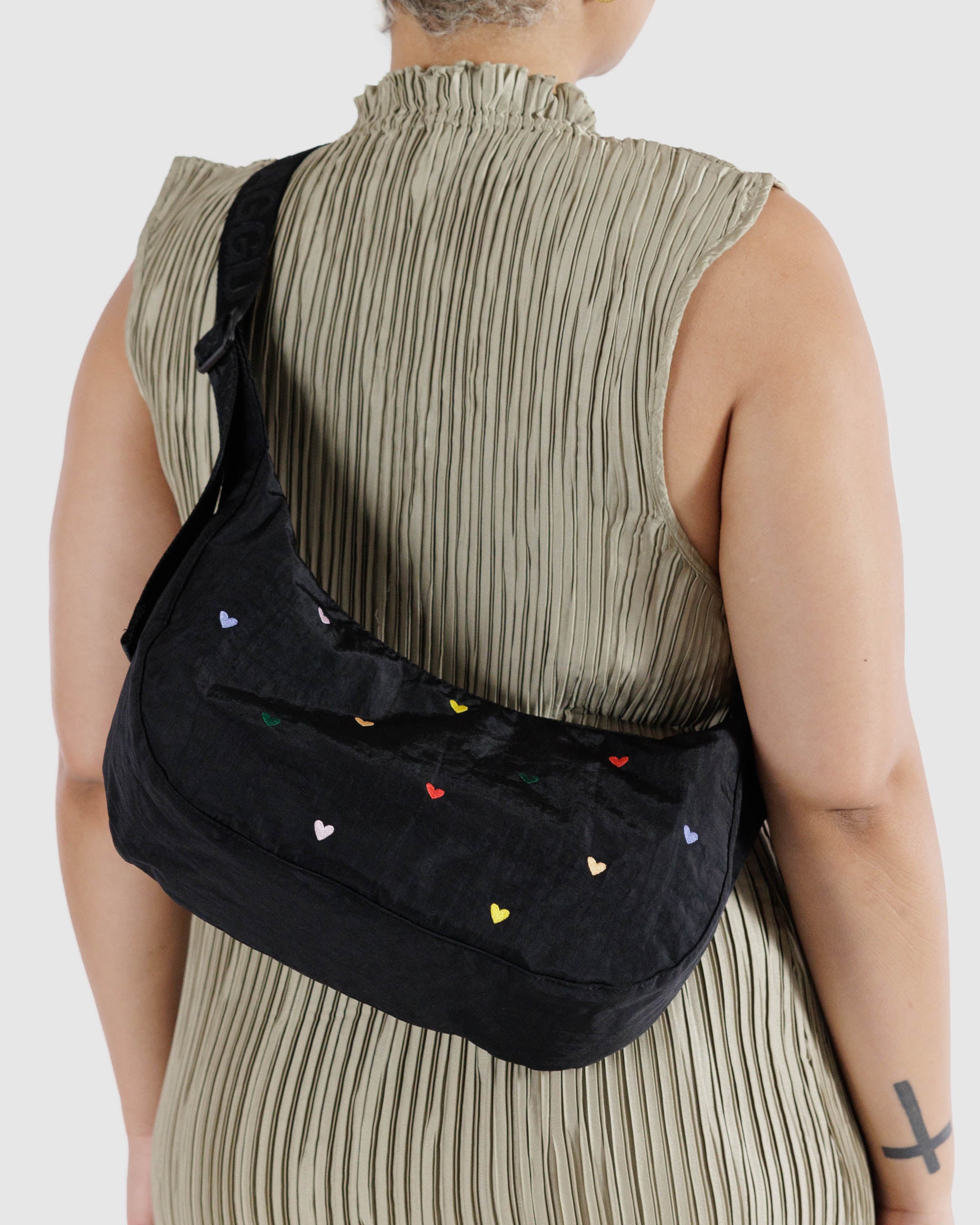 Medium Crescent Nylon Bag (Embroidered Hearts)