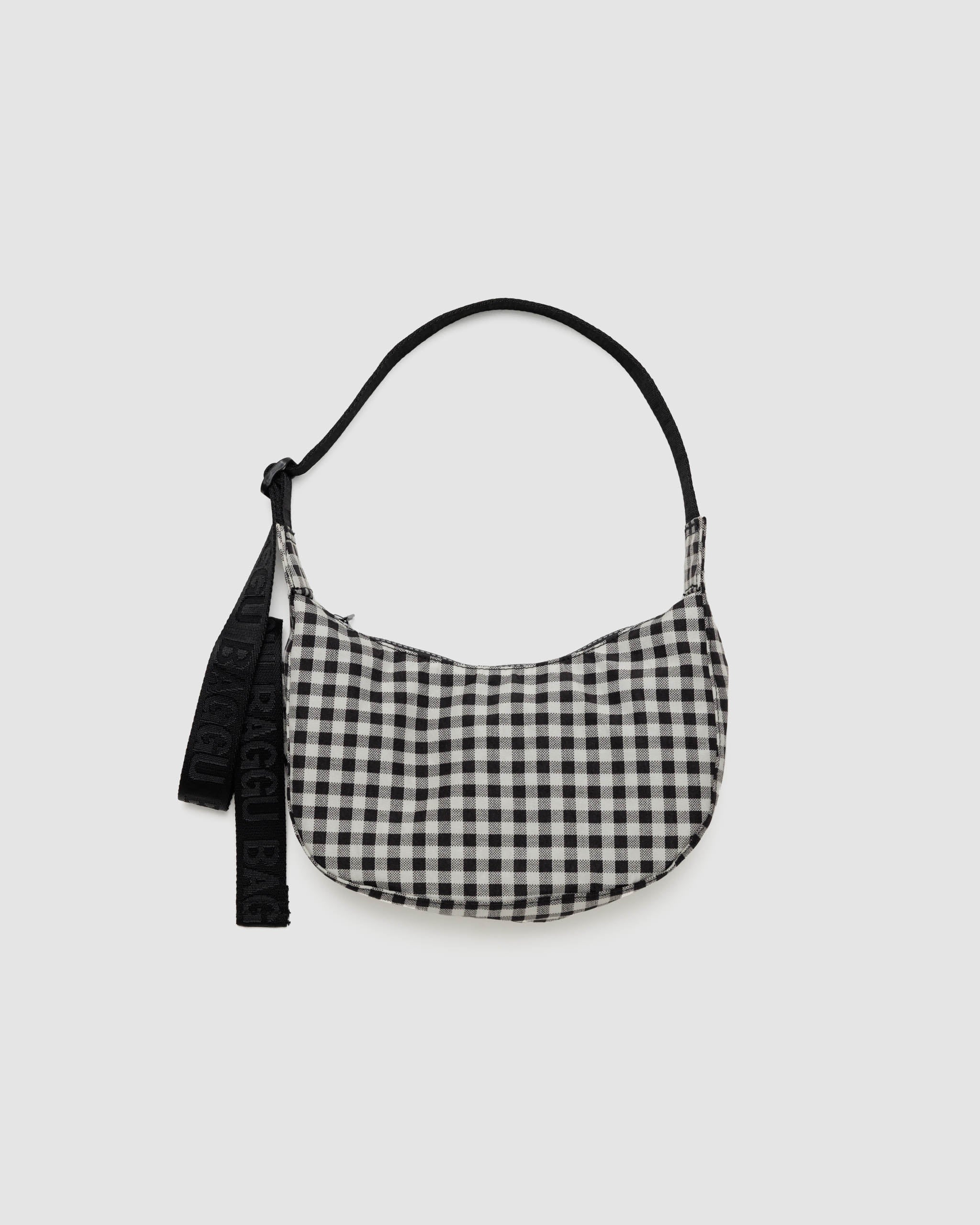 Mini Crescent Nylon Bag - Black & White Gingham