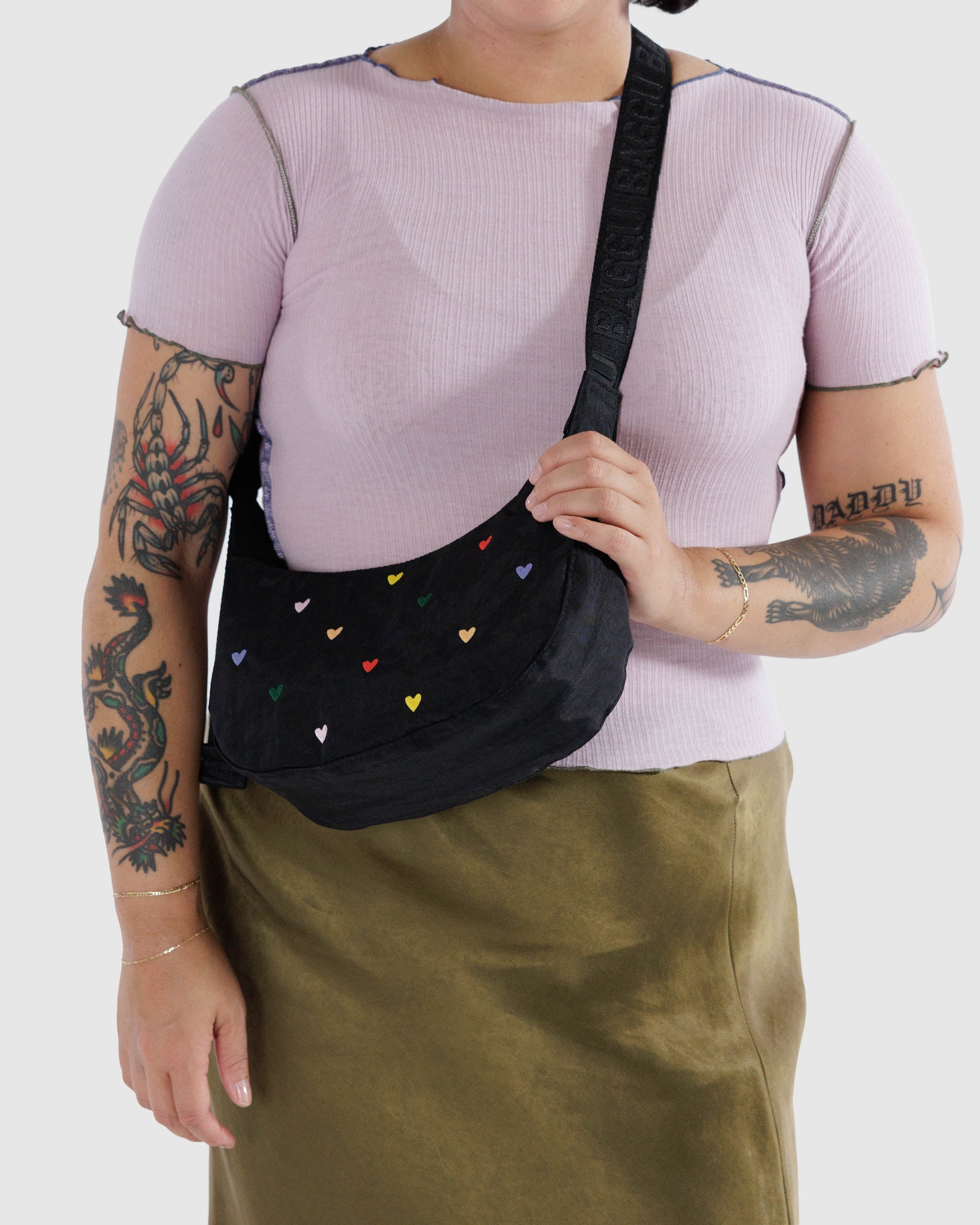 Mini Crescent Nylon Bag - Embroidered Hearts